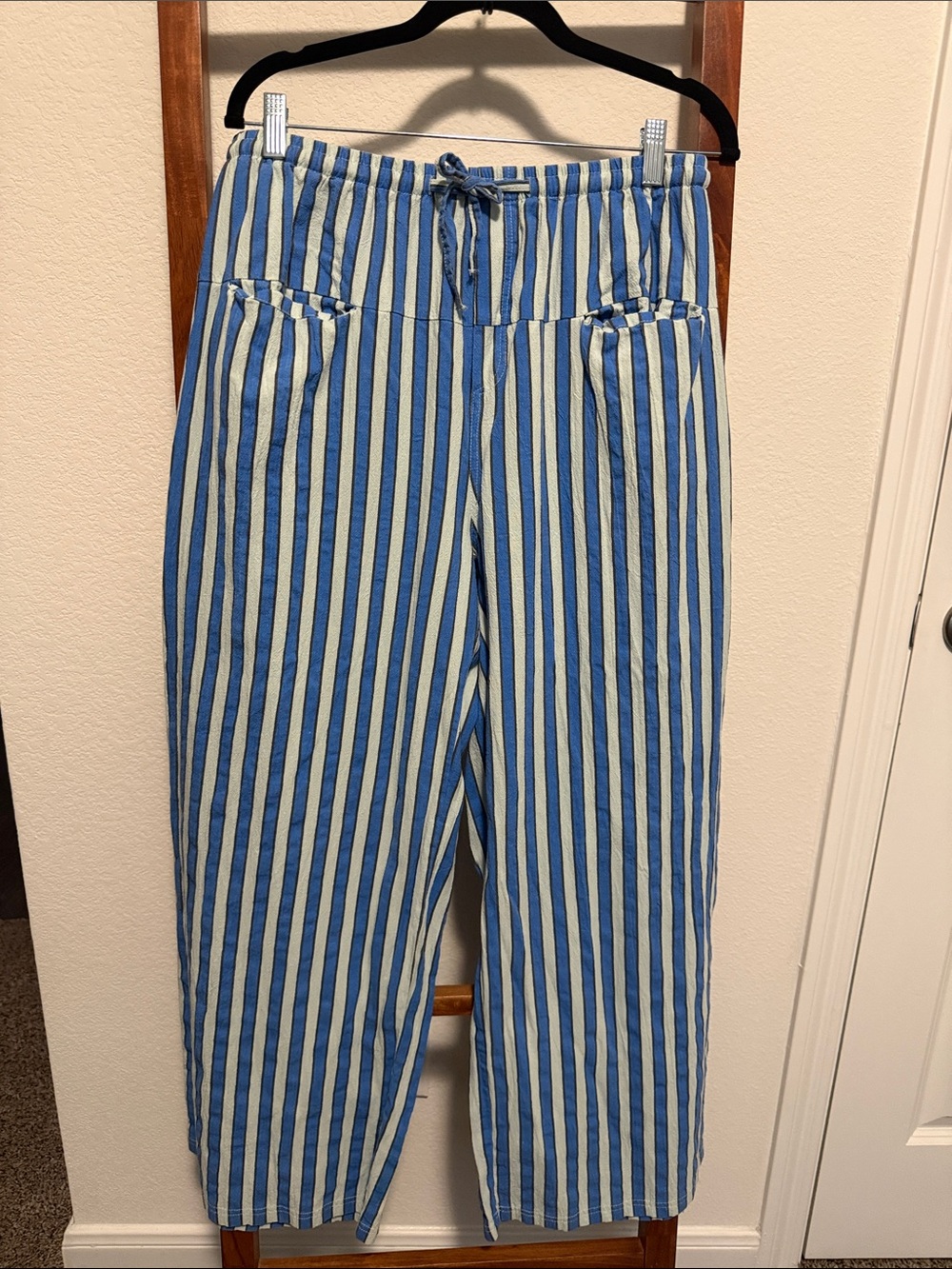 Blue Combo Cotton Vertical Stripe Drawstring Wide Leg Pull On Pants Size Large